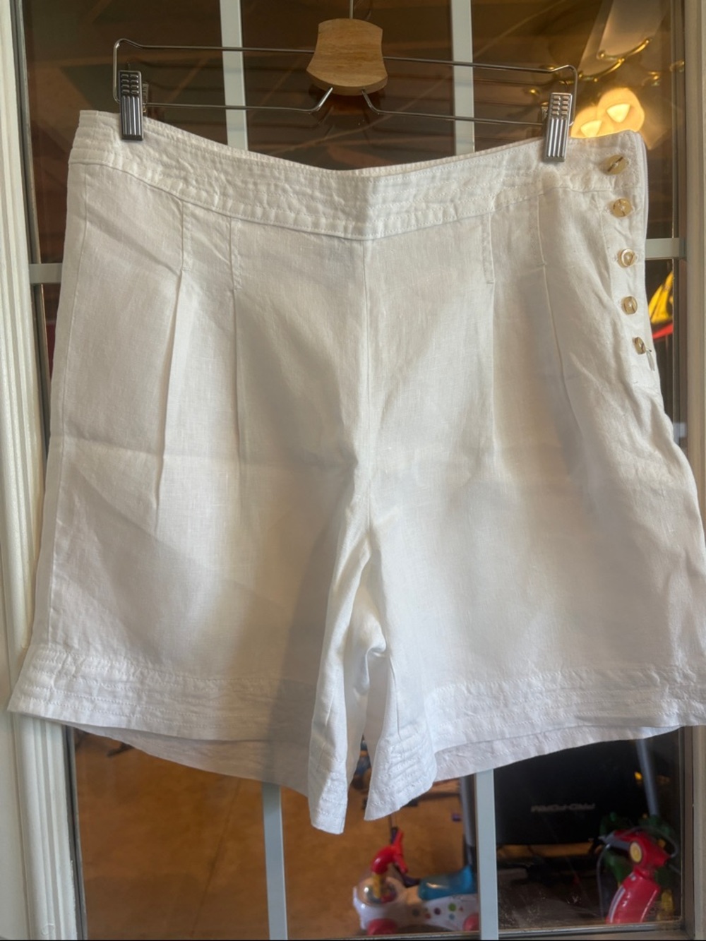 Chico's White Linen-Blend Side-Button Bermuda Shorts